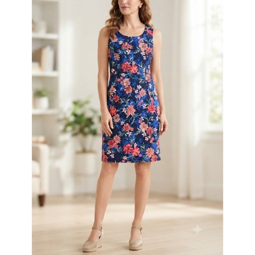 Lands End Women 8T‎ Tall Floral Sleeveless Ponte Knit Sheath Dress Navy Blue Red